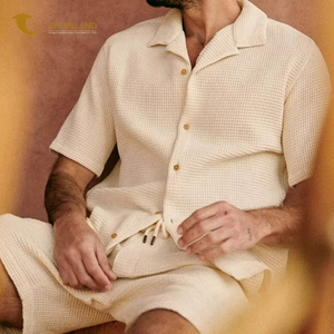 2025 Summer Beach 2-Piece Set <b>Men</b> Casual Polyester Knitted Fabric <b>Short</b> Sleeve Shirt + Seamless Elastic Waist <b>Shorts</b> Solid - Product Image 1