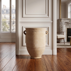 Grand vase de sol antique en terre cuite, à double anse avec bordure en corde, couleur beige sable, poterie décorative, grande urne décorative pour la maison - Product Image 3