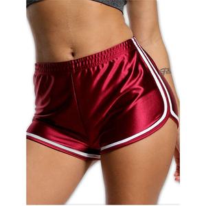 Shorts de Satén de Cintura Alta para Mujer, Color Rojo Sólido con Ribete Blanco, Transpirables, de Secado Rápido, Estilo Deportivo, Cintura Elástica, Corte Regular - Product Image 1