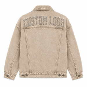 Veste en jean personnalisée avec logo pour homme, décontractée, en coton délavé, avec lettres perlées sur le devant, col rabattu, simple boutonnage - Product Image 2