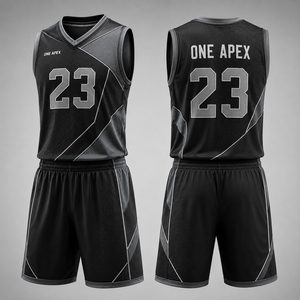 Ensemble Maillot et Short de Basketball Géométrique Noir et Gris Personnalisé pour Hommes – Respirant, Séchage Rapide, Tenue de Sport d'Équipe – Vente en Gros OEM ODM - Product Image 1