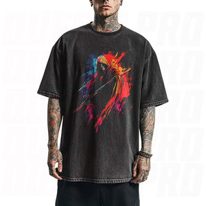 เสื้อยืดคอตตอนวินเทจสีดำล้างสี 200 GSM พิมพ์ลายกราฟิกด้วยเทคนิค DTG DTF พรีเมียม รับผลิตตามแบบ OEM สำหรับผู้ชายและผู้หญิง คอกลม - Product Image 1
