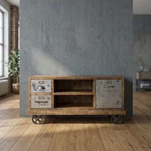 Meuble TV industriel en bois et fer sur roulettes, console multimédia rustique roulante, armoire de rangement, mobilier de divertissement - Product Image 3