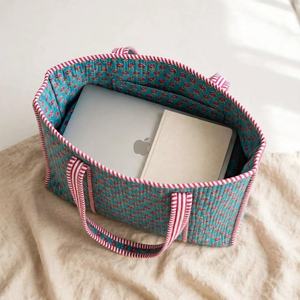 Bohemian Straw <b>Tote</b> Bag Women Blue Floral Pattern Summer <b>Beach</b> Shoulder Handbag <b>Beach</b> <b>Tote</b> Bag Floral Pattern Handbag Women - Product Image 3