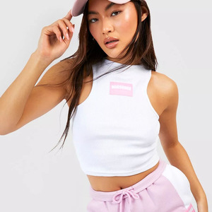 Women's <b>White</b> Ribbed <b>Crop</b> <b>Top</b> Sleeveless Halter Neck Solid Color Casual Fit Knitted <b>Crop</b> <b>Top</b> with Logo Patch - Product Image 4