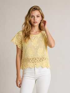Women's Yellow Lace Floral Embroidery Short Sleeve O-Neck Bohemian <b>Top</b> Summer Pullover - Product Image 1