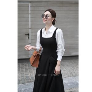 Robe longue de bureau noire unie à col carré, taille naturelle, coupe trapèze, tissée, pour l'été [V173] - Product Image 2