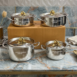 Handcrafted Hammered Metal Pot <b>Set</b> Elegant Silver Polished Casserole with Pumpkin Gold Knobs Luxury Kitchen <b>Cookware</b> food Safe - Product Image 1
