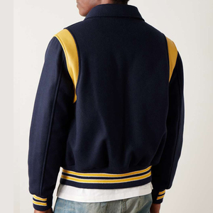 Veste de sport pour homme bleu marine avec accents en cuir jaune, col rabattu, coupe classique, style preppy, mélange de laine et de polyester - Product Image 6