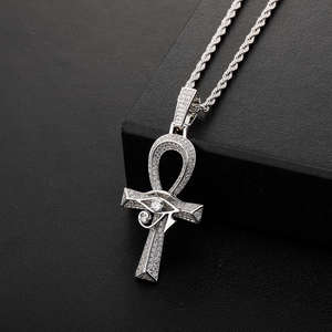 Pendentif Croix Ankh en Argent Sterling Sertie de Diamants, Collier Ancien Plaqué Or 14K avec Chaîne Corde, Diamants de Laboratoire Hip-Hop pour Hommes et Femmes - Product Image 1