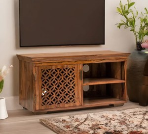 Meuble TV en bois massif sculpté géométriquement, fait main |   Petite console multimédia avec porte en treillis |   Exportation de Jodhpur - Product Image 5
