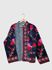 Veste en velours brodée de fleurs, col mandarin, manches longues, style Prairie Chic, vêtements d'hiver pour femmes grandes tailles - Product Image 3