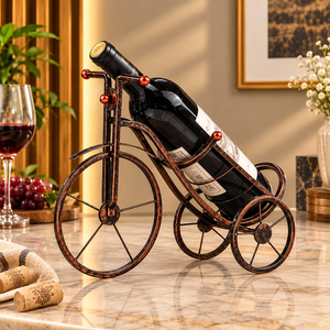 Porte-bouteille de vin pour vélo, support en métal, finition cuivre rustique, décoration de bar sculpturale, présentoir de table - Product Image 1