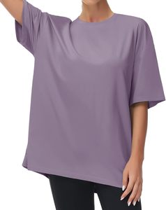 Haut de sport pour femme en jersey respirant, coupe ample, teinture unie, style sportif, 100% coton, manches courtes, confortable - Product Image 1