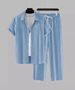 Men's Striped Short Sleeve Shirt With Turn-<b>down</b> Collar And Drawstring <b>Pants</b> Set Summer Casual Wear 100% Cotton - Product Image 1