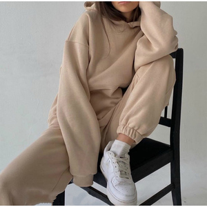 Women's 100% Cotton Casual Tracksuit Warm Hooded Sweatshirts Pullovers Long <b>Pants</b> Solid Oversize 380gsm Hoodie Sets Pullover - Product Image 3