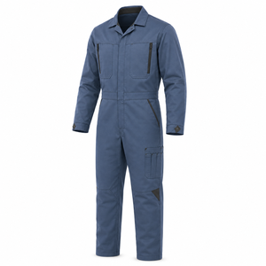 Combinaison industrielle homme en sergé robuste bleu poussière avec détails foncés, col ouvert, poches verticales pour outils, genoux renforcés, multi-usages - Product Image 4