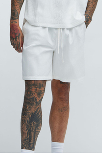 <b>Mens</b> White Ribbed Cotton <b>Bermuda</b> <b>Shorts</b> Drawstring Waist Casual Style Solid Color Breathable Woven Fabric Mid Rise Casual Wear - Product Image 5