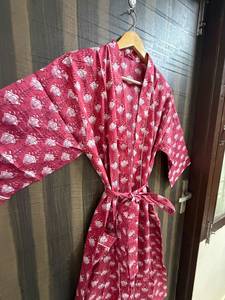 Bata Kimono Floral de Algodón para Mujer, Ligera y Suave, Hecha a Mano con Estampado Digital, Cuello en V, Cierre con Cordón, Transpirable - Product Image 3