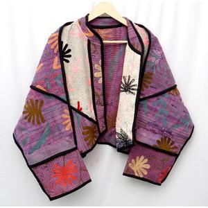 Premium Handmade Cotton Kantha <b>Coat</b> Jacket Vintage Style Short Patchwork Stripe Print Design Mandarin Collar Eco-Friendly - Product Image 1
