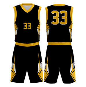 Conjunto de Uniforme de Baloncesto Sublimado Personalizado, Negro y Dorado, Número 33, Cuello en V, Sin Mangas, Absorbente de Humedad, Uniforme Deportivo Unisex para Adultos - Product Image 1