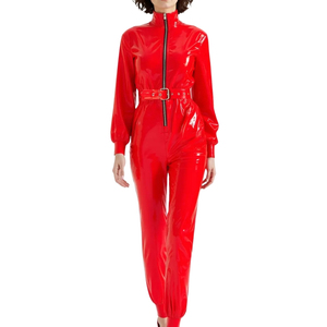 Women's Blue PU Coated High Waist Overall <b>Jumpsuit</b> Sleeveless Full Length Waterproof Clubwear Sexy Style - Product Image 3