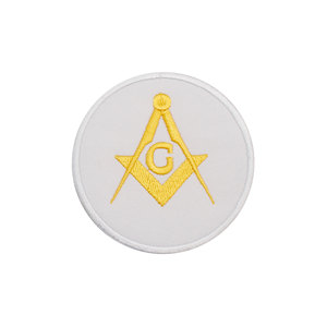 White and <b>Gold</b> Square & Compass Round Embroidered Masonic Patch for Hats & Apparel Iron-On Canvas - Product Image 1