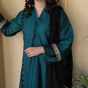 Ensemble de costume 3 pièces pour femmes pakistanaises et indiennes, imprimé floral, dupatta, tissu en toile respirant, chemise et pantalon de couleur unie pour femmes - Product Image 2