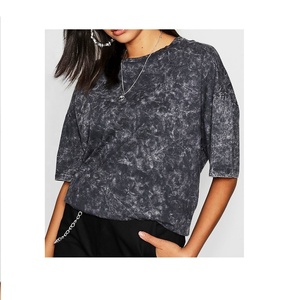 Nueva Blusa Estilo Acid Wash para Mujer 2026, Camiseta Azul Marino con Efecto Manchado, 100% Algodón Tejido, 200g, Manga Corta, Cuello Clásico Informal - Product Image 2