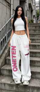 ONETEN <b>Men's</b> White Cotton Midweight Sweatpants Elastic Waist Drawstring Letter Print Street Style <b>Joggers</b> - Product Image 6