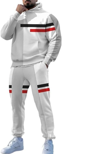 Men's <b>White</b> Hooded Tracksuit Set Full Sleeve Striped Casual <b>Joggers</b> With Side Pockets Breathable Autumn Wear - Product Image 5