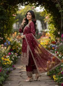 Kurti de Seda GMY Pura con Bordado de Lentejuelas Pesadas, Mangas Largas, Pantalón Completamente Cosido a Juego y Dupatta con Trabajo de Lentejuelas, Estilo Étnico - Product Image 5