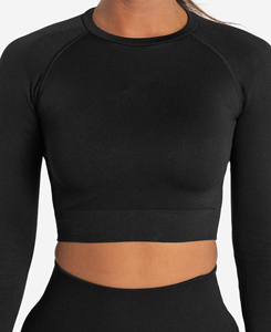 Nouveauté 2026 – Haut court noir à manches longues pour femme ABINZ ENTERPRISES – Couleur unie, sans coutures, respirant, en polyester/nylon – Vente en gros - Product Image 4