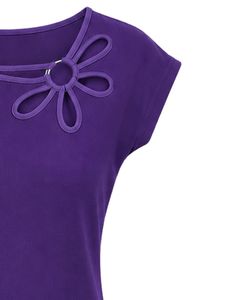 Manufacturer Customized Purple Women Casual Flower Neck T Shirt Soft Breathable Summer <b>Top</b> Short Sleeve Fashion Blouse Outfit - Product Image 4