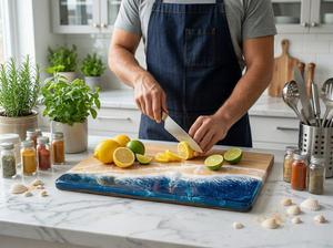 Planche à découper rustique en bois et résine, faite à la main, pour légumes, fruits, viande et préparation culinaire - Product Image 4