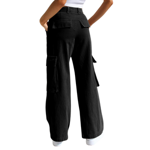 Pantalon baggy décontracté pour femme, noir profond, coupe droite classique, style utilitaire, tissu riche en coton, coupe ample, poches latérales - Product Image 2