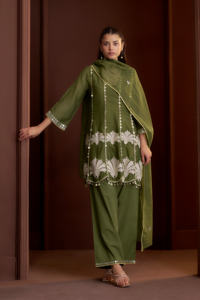 Conjunto de Kurta y Palazzo Verde Mul Chanderi Bordado con Dupatta para Mujer, Ropa Étnica, Disponible para Compra al por Mayor - Product Image 3