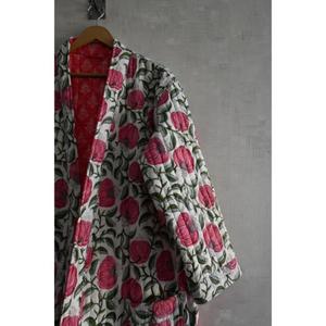 Bata Kimono de Algodón con Estampado Floral, Cuello en V, Cierre con Cordón, Bata Larga para Mujer, Hecha a Mano en India, Estilo Boho, Ligera - Product Image 2