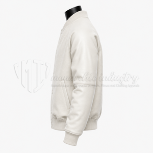 Chaqueta Varsity Blanca Premium, Cuerpo de Lana, Mangas de Cuero, Fabricante de Chaquetas Letterman Personalizadas - Product Image 5