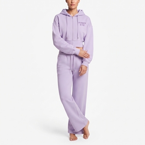Conjunto de Sudadera Corta con Capucha y Hombros Caídos de Algodón de Alta Calidad y Pantalones Jogger de Pierna Ancha para Mujer, Venta al Por Mayor Personalizada - Product Image 2