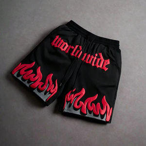 Pantalones Cortos Casuales de Verano para Hombre con Estampado Gráfico de Llama y Letras, Cintura Elástica, Shorts de Playa Negros de Poliéster con Logotipo Frontal - Product Image 1