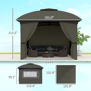 Gazebo da Esterno 3,35m x 3,35m con Doppio Tetto, Struttura in Acciaio Zincato, Finestre a Chiesa e Tende, Tettoia e Pergola Grigio Scuro - Product Image 3