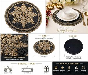 Round Embroidered <b>Snowflake</b> Table <b>Placemat</b> Navy Gold Fabric Handmade Glam Decor 450mm - Product Image 2