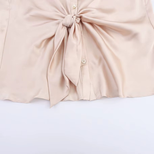 2 Colorway Turn-down Collar Button Long Sleeve Bow Tie Solid Color Silky Casual Vintage Woven Breathable <b>Satin</b> <b>Blouses</b> Women - Product Image 5
