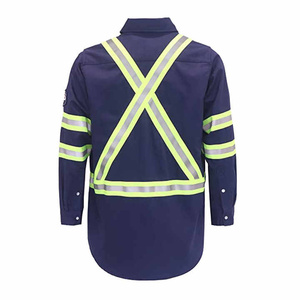 Chemise de travail réfléchissante haute visibilité bleu marine pour homme, manches longues avec bandes jaunes argentées, en coton - Product Image 3