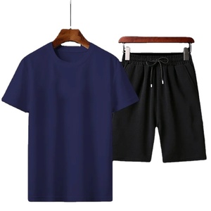 Ensemble de survêtement décontracté pour homme, taille plus, été, imperméable, respirant, 100% coton, t-shirt et short, noir et blanc rayé, contraste - Product Image 1
