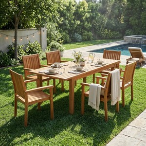 Acacia Wood 7-Piece Outdoor Dining Set - Handcrafted 6 Chairs & <b>Table</b> Wholesale - Product Image 1