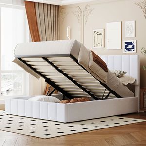 Letto matrimoniale imbottito bianco con piattaforma e sistema di stoccaggio idraulico (Vecchio SKU LP000211AAK) - Product Image 1