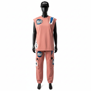 Men Sleeveless Two Piece Set Cotton Polyester Fabric 230 GSM Breathable <b>Peach</b> Tone Custom Logo Sleeveless <b>shirt</b> and pant men's - Product Image 1