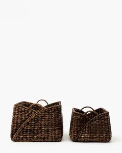 Elegant Dark Water Hyacinth Storage <b>Basket</b> Set <b>Wicker</b> Organizer Bin With Handle For Closet Shelf <b>Laundry</b> Home Storage Solution - Product Image 1